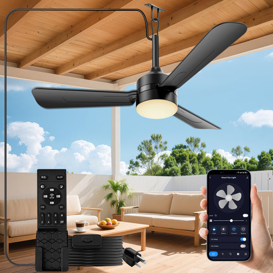 28 inch Plug-in Ceiling Fan Light with16.5ft long cord, Gazebo fan light Dimmable 3CCT LED,Reversible,Portable Hook Design for Bedroom Garage Tent Porch Kitchen patio