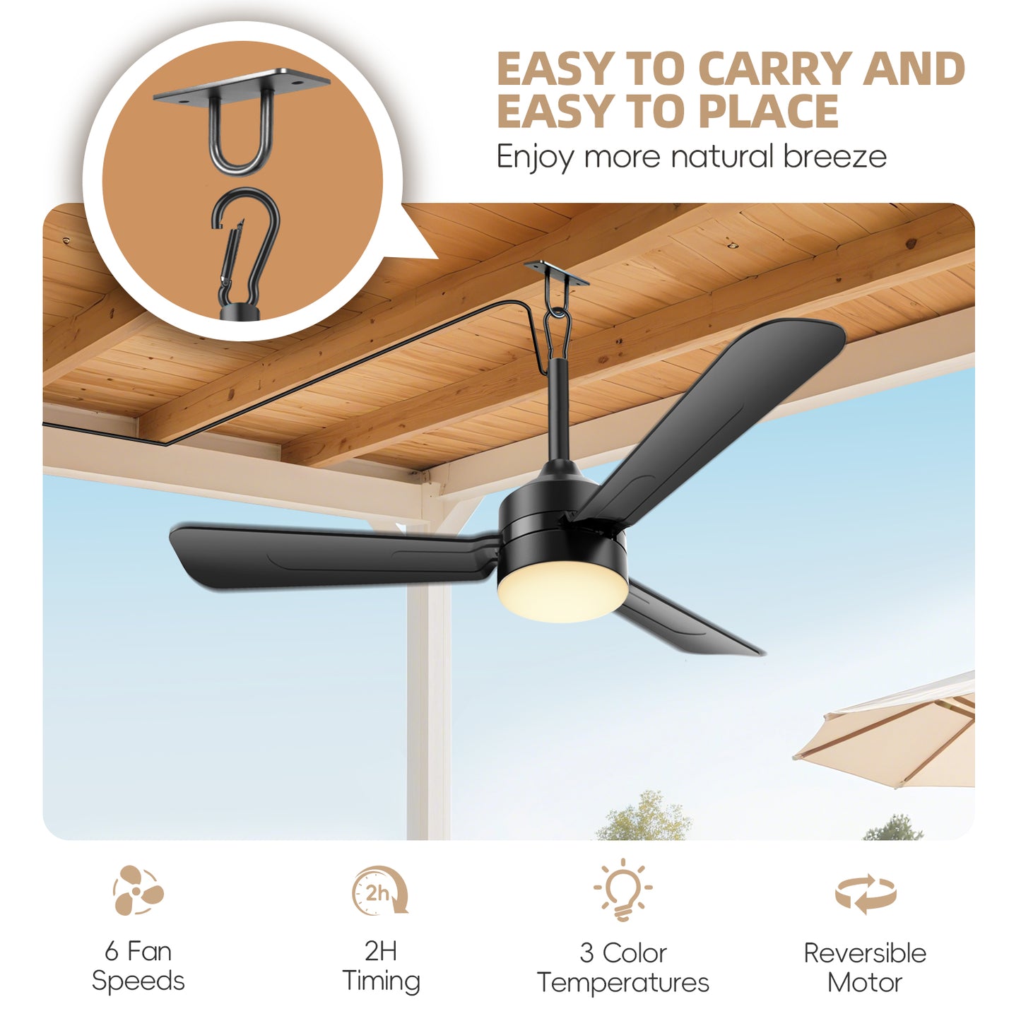 28 inch Plug-in Ceiling Fan Light with16.5ft long cord, Gazebo fan light Dimmable 3CCT LED,Reversible,Portable Hook Design for Bedroom Garage Tent Porch Kitchen patio