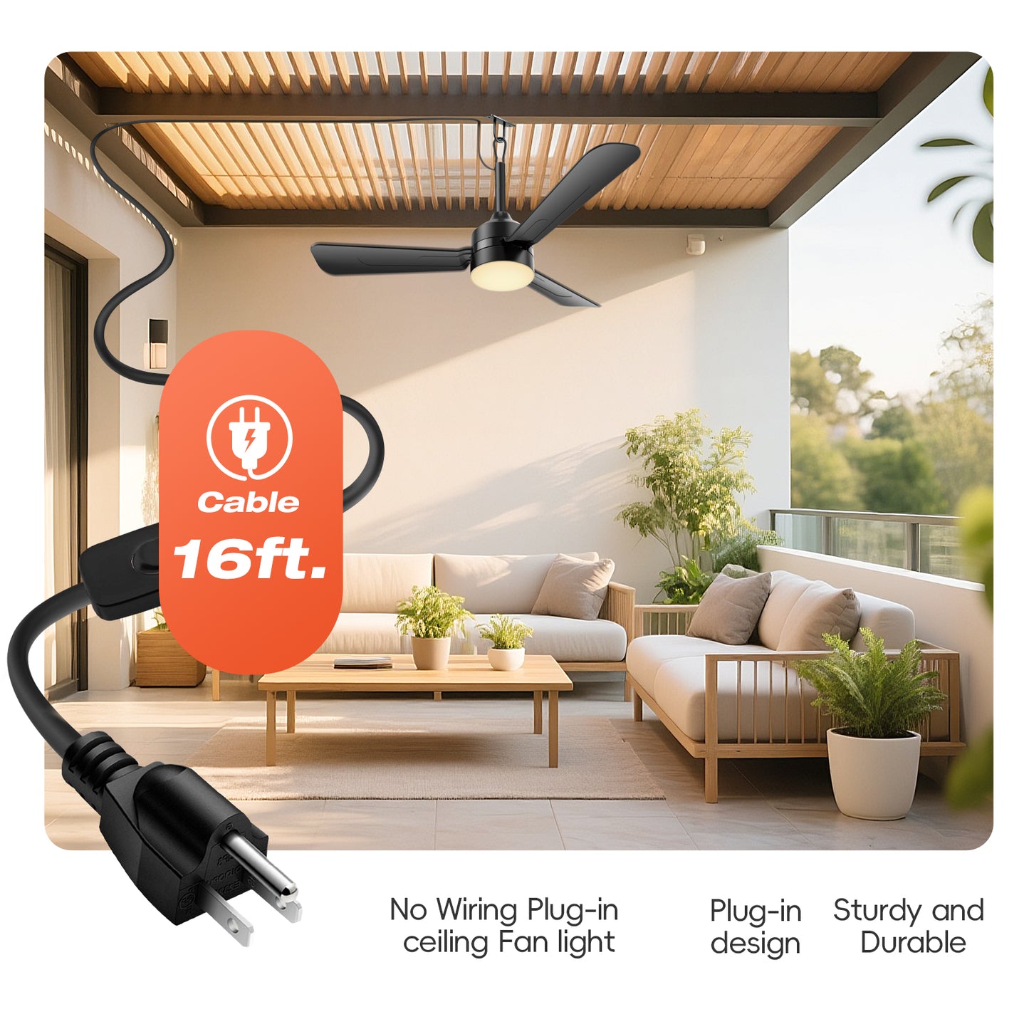 28 inch Plug-in Ceiling Fan Light with16.5ft long cord, Gazebo fan light Dimmable 3CCT LED,Reversible,Portable Hook Design for Bedroom Garage Tent Porch Kitchen patio