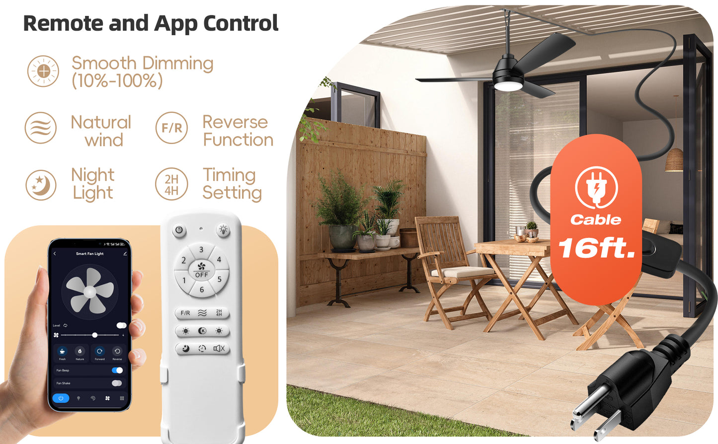 28 inch Plug-in Ceiling Fan Light with16.5ft long cord, Gazebo fan light Dimmable 3CCT LED,Reversible,Portable Hook Design for Bedroom Garage Tent Porch Kitchen patio