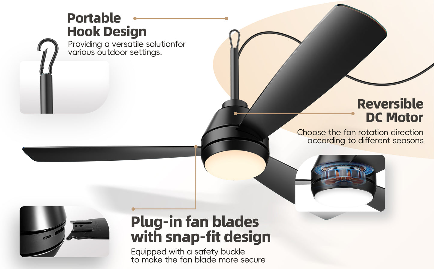 28 inch Plug-in Ceiling Fan Light with16.5ft long cord, Gazebo fan light Dimmable 3CCT LED,Reversible,Portable Hook Design for Bedroom Garage Tent Porch Kitchen patio