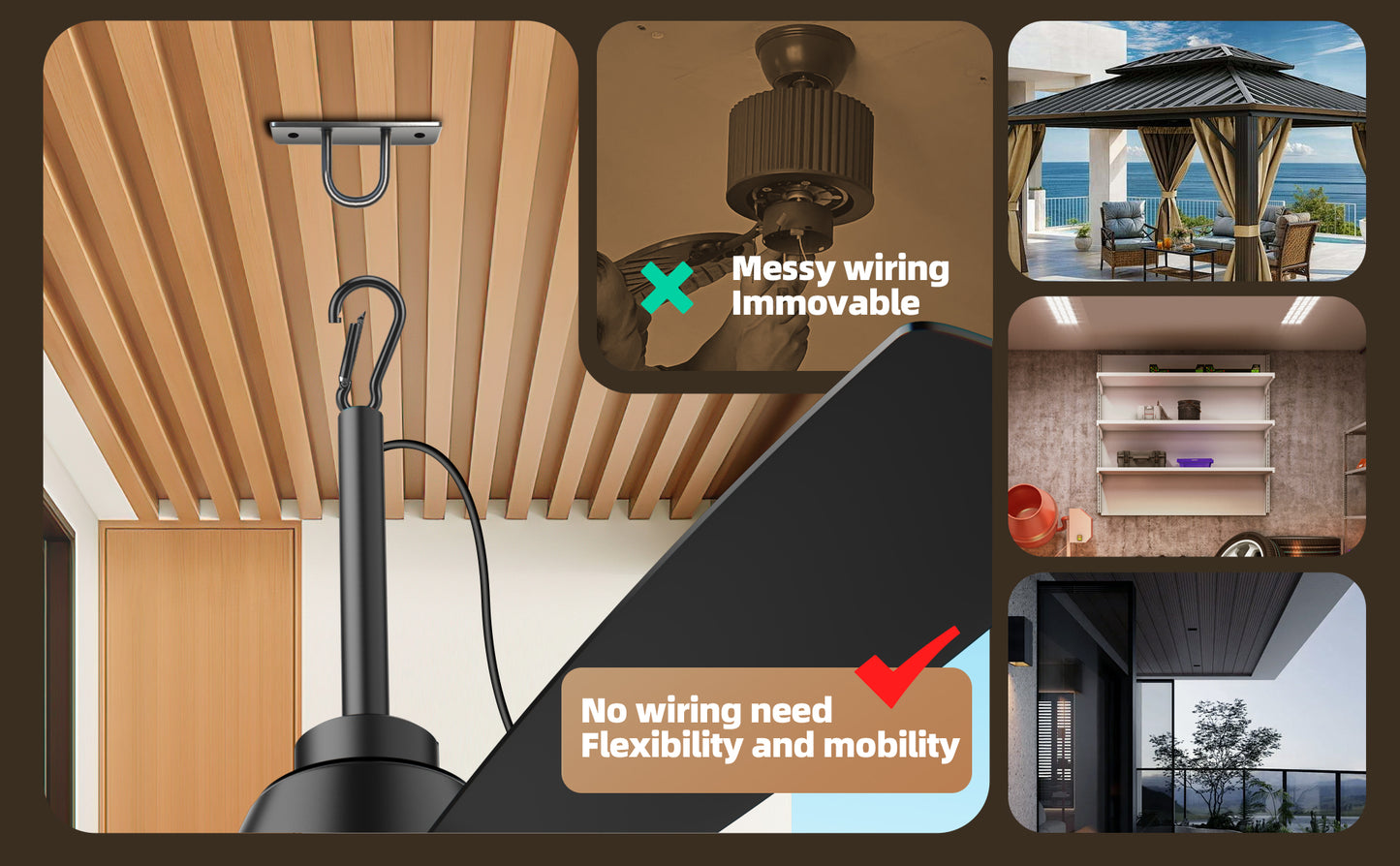 28 inch Plug-in Ceiling Fan Light with16.5ft long cord, Gazebo fan light Dimmable 3CCT LED,Reversible,Portable Hook Design for Bedroom Garage Tent Porch Kitchen patio